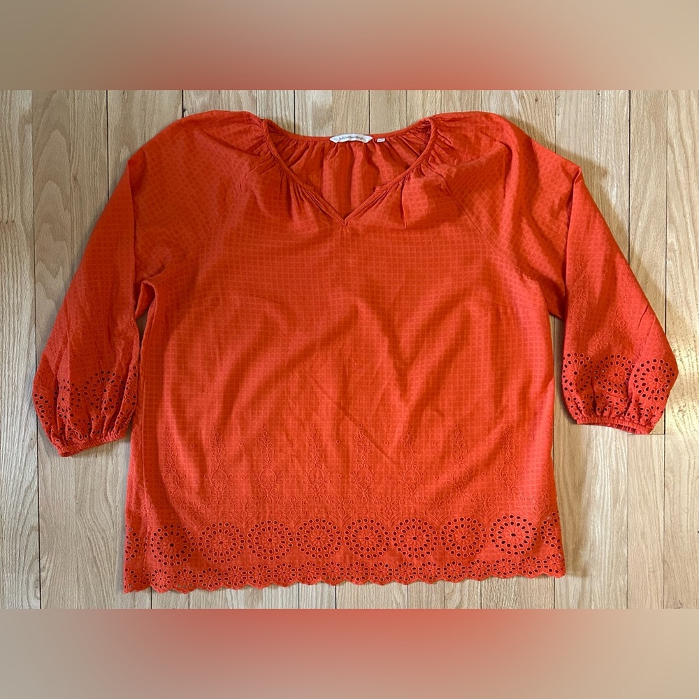 Soft Surroundings Boho Orange Long Bell Sleeve Eyelet Detail Pullover Top, Sz 1X